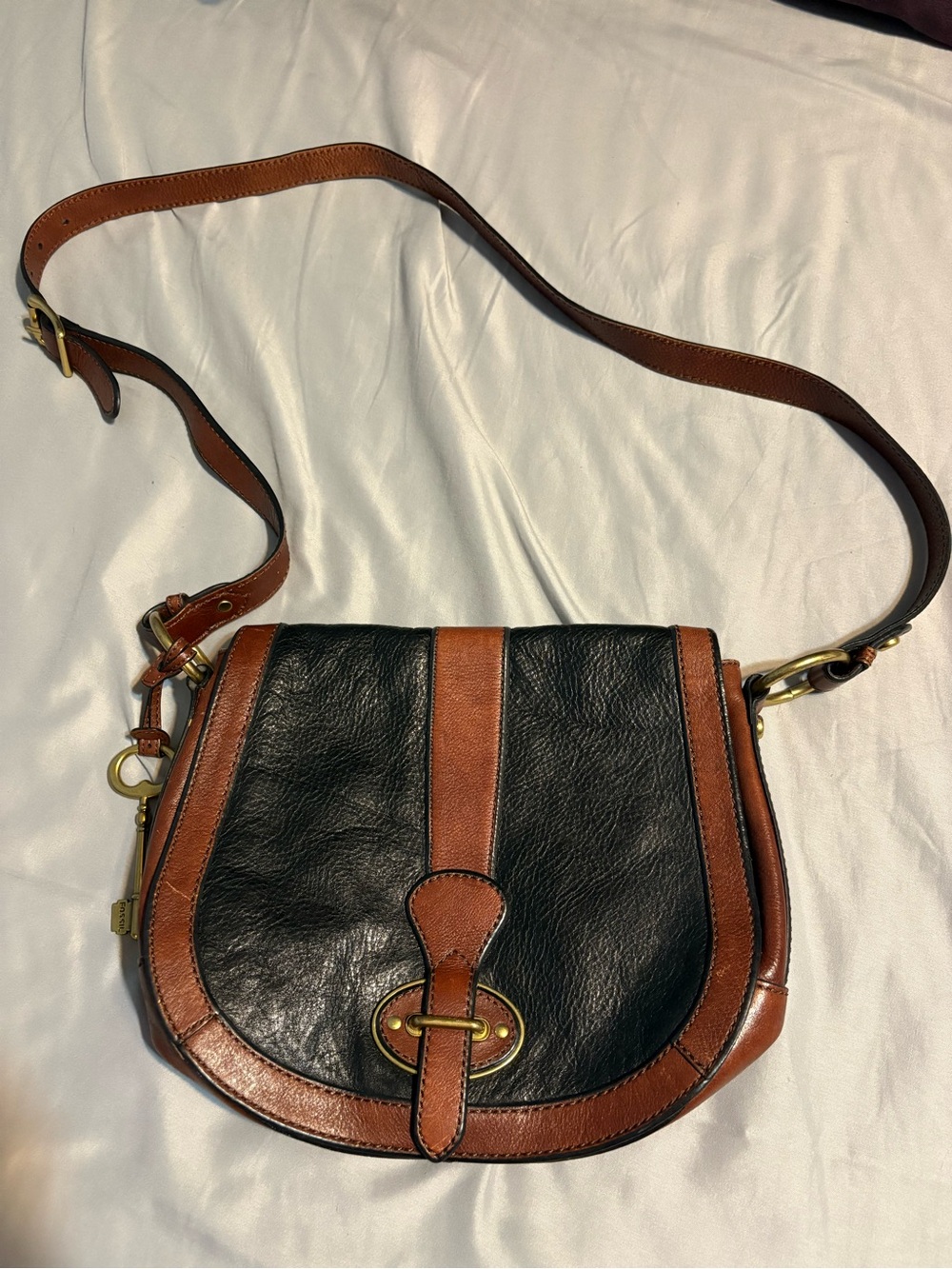 Fossil Black and Brown Leather Crossbody Saddle Bag